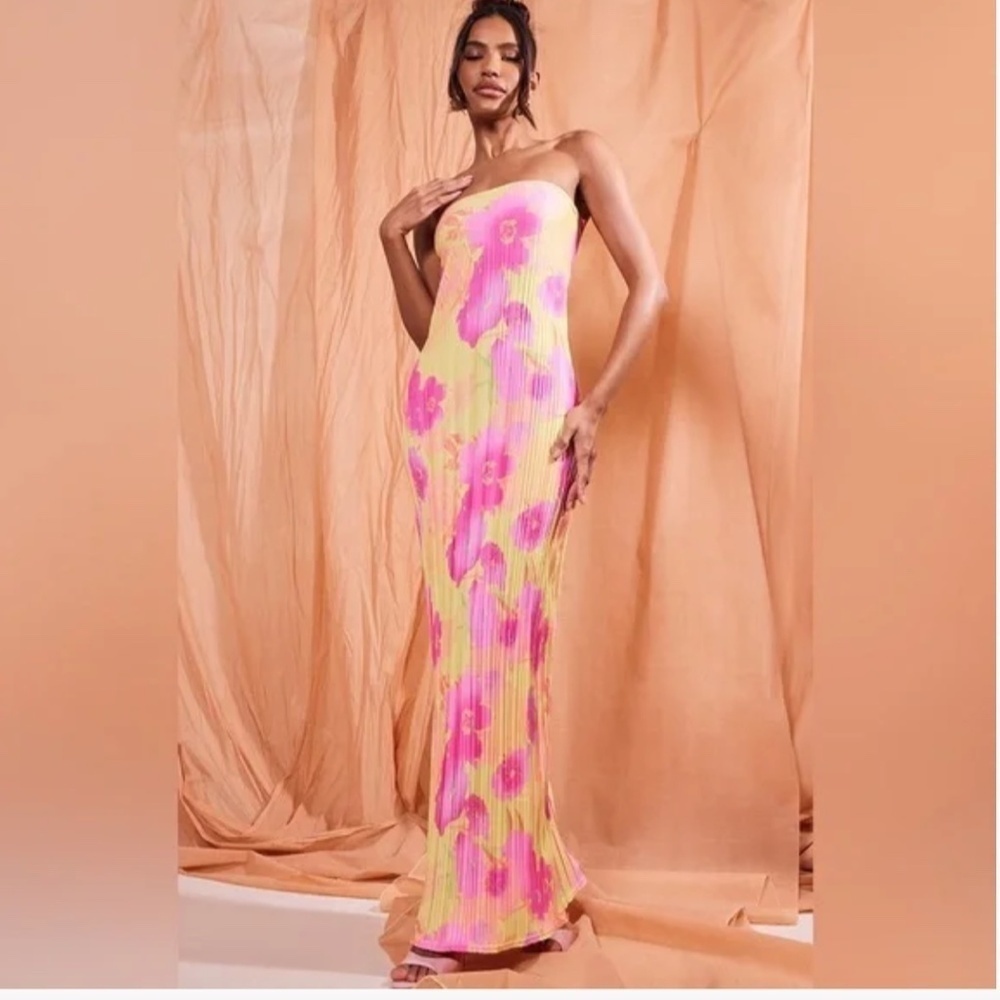 Prettylittle Thing Multi Floral Print Plisse Bandeau Maxi Dress US SIZE 2